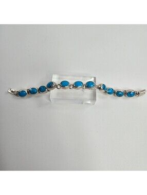Vintage Mexico 925 Sterling Silver Turquoise Cabochon Stone Link Bracelet